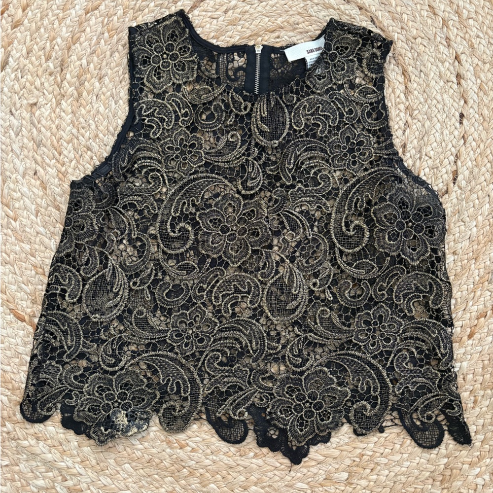 Sans Souci Black and Gold Lace Sleeveless Crop Top